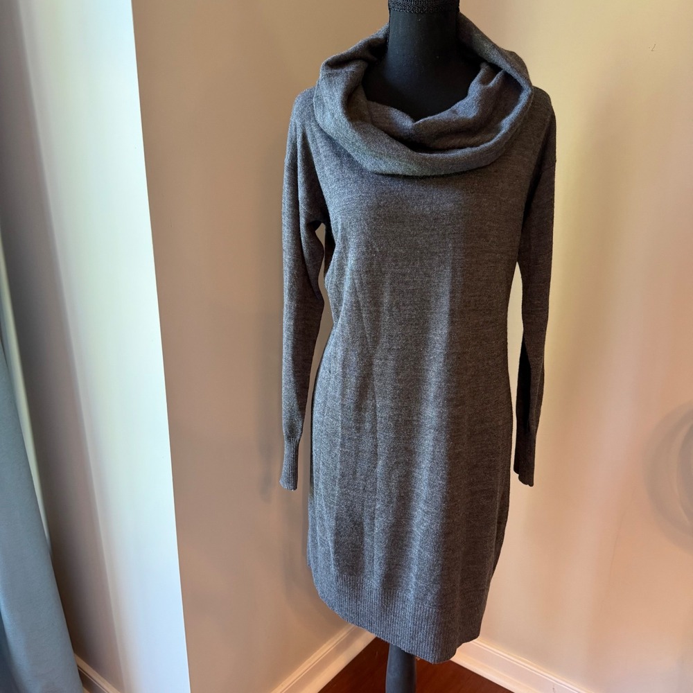 Ann Taylor Sweater Dress Womens S Gray Merino Wool Blend Cowl Neck Long Sleeve